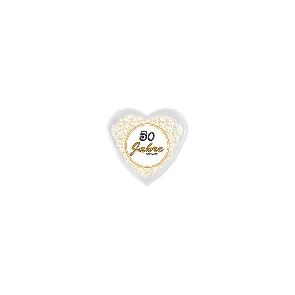 Ballon - 50 Jahre vereint - weißer Herzballon - schwarz goldene schrift,  43cm, 0,02m³
