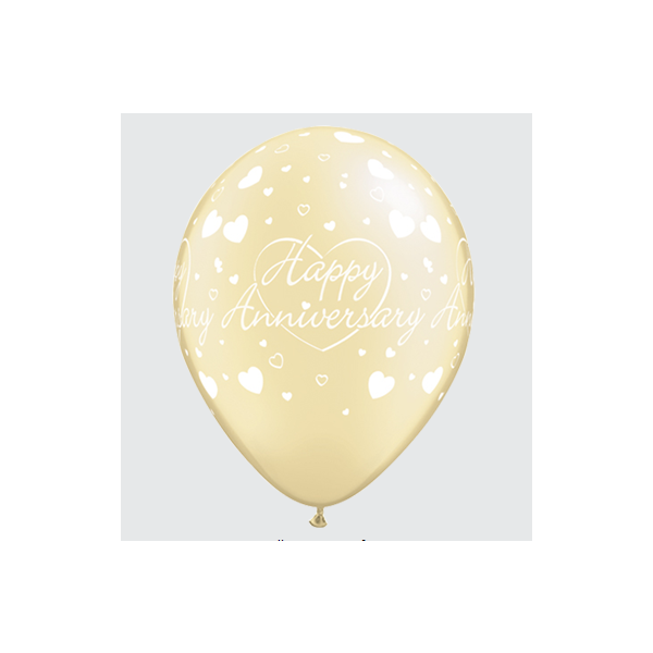 Motivballon Ivory - Happy Anniversary (frohes Jubiläum) weiße schrift / Herzen, 27,5cm, 0,017m³ (1)