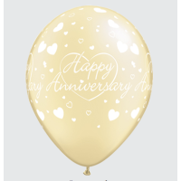Motivballon Ivory - Happy Anniversary (frohes Jubiläum) weiße schrift / Herzen, 27,5cm, 0,017m³ (1)