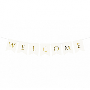 Girlande Welcome wei&szlig; mit goldenen Buchstaben
