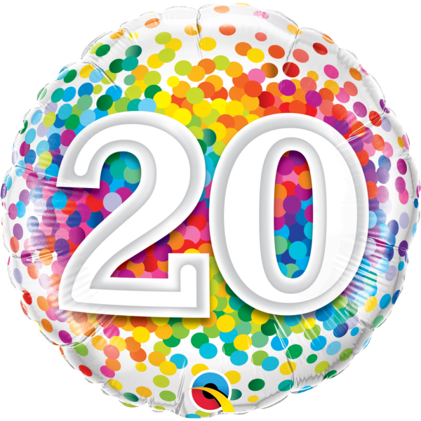 Folienballon - Motiv Zahl 20 Rainbow Confetti - S - 45 cm / 0,02 m³