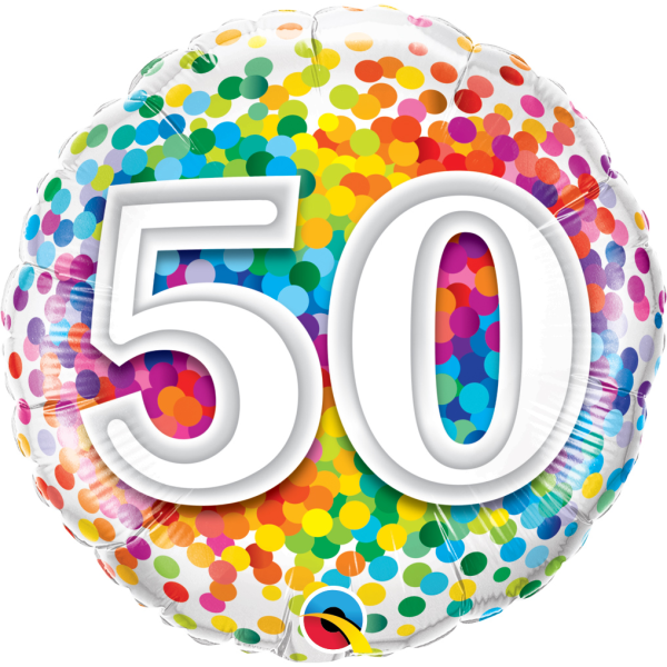 Folienballon - Motiv Zahl 50 Rainbow Confetti - S - 45 cm / 0,02 m³