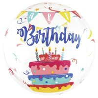 Single Crystal Clear Ballon - Motiv Torte Happy Birthday - XL/Stretchfolie - 61cm/0,07m³
