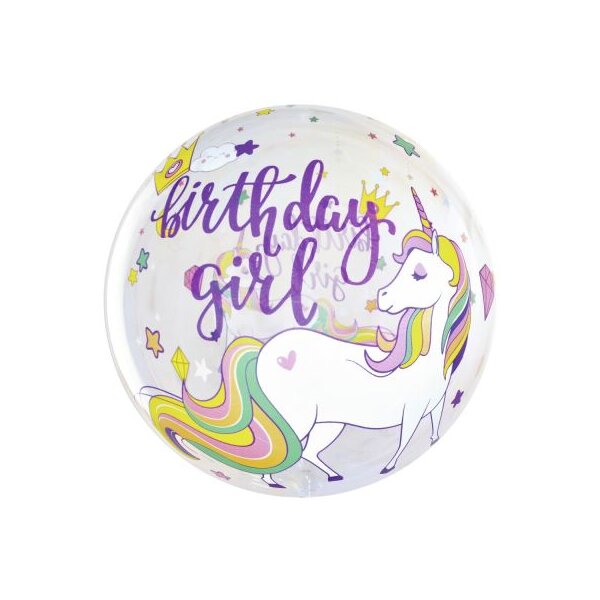 Single Crystal Clear Ballon - Motiv Einhorn Happy Birthday - XL - 61 cm / 0,07m&sup3;