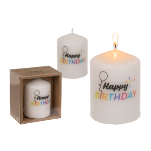 Stumpenkerze - Happy Birthday I Weiß Bunt - 8 x 6cm