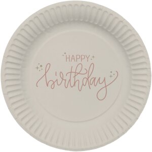 Pappteller - Happy Birthday Creme Rose - &Oslash; 23 cm, (8)