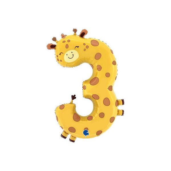 Folienballon - Zahl 3 The Puppyloons Giraffe - XXXL - 102 cm / 0,09 m&sup3;